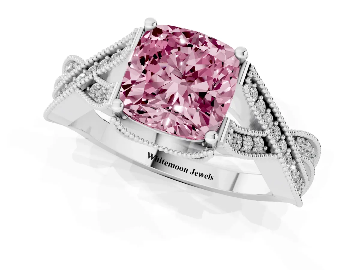 Fancy Pink Cushion Cut Cut Diamond Twisted Band with Milgrain Pave Setting and Four-Prong Setting Silver