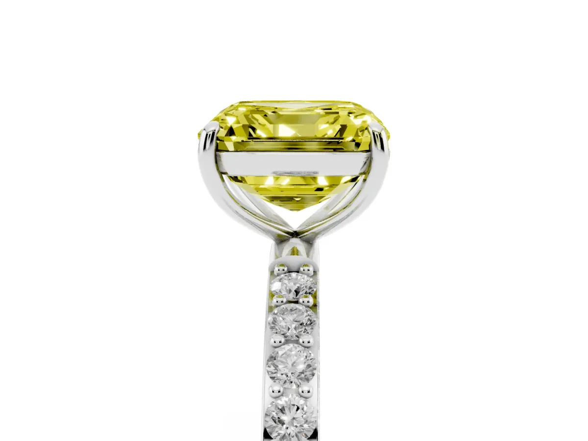 Fancy Yellow Asscher Cut Diamond Solitaire Ring with Round Pavé Shoulders and Prong Setting Silver