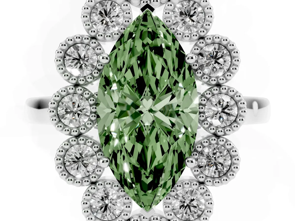 Fancy Green Marquise Cut Halo Diamond Cluster Engagement Ring with Milgrain Bezel Setting and Solitaire Band White gold