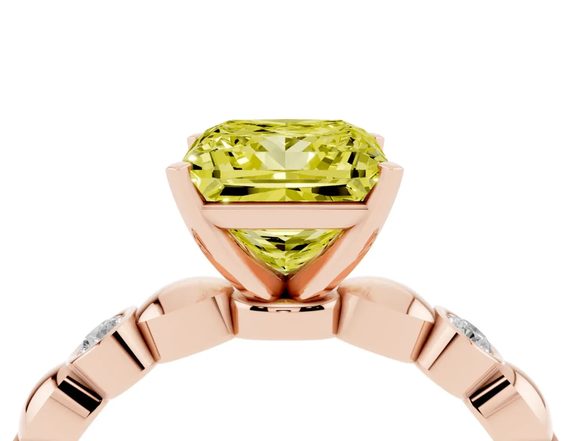 Fancy Yellow Princess Cut Solitaire Bezel-Set Diamond Ring with Beaded Band and Four-Prong Setting Rose gold