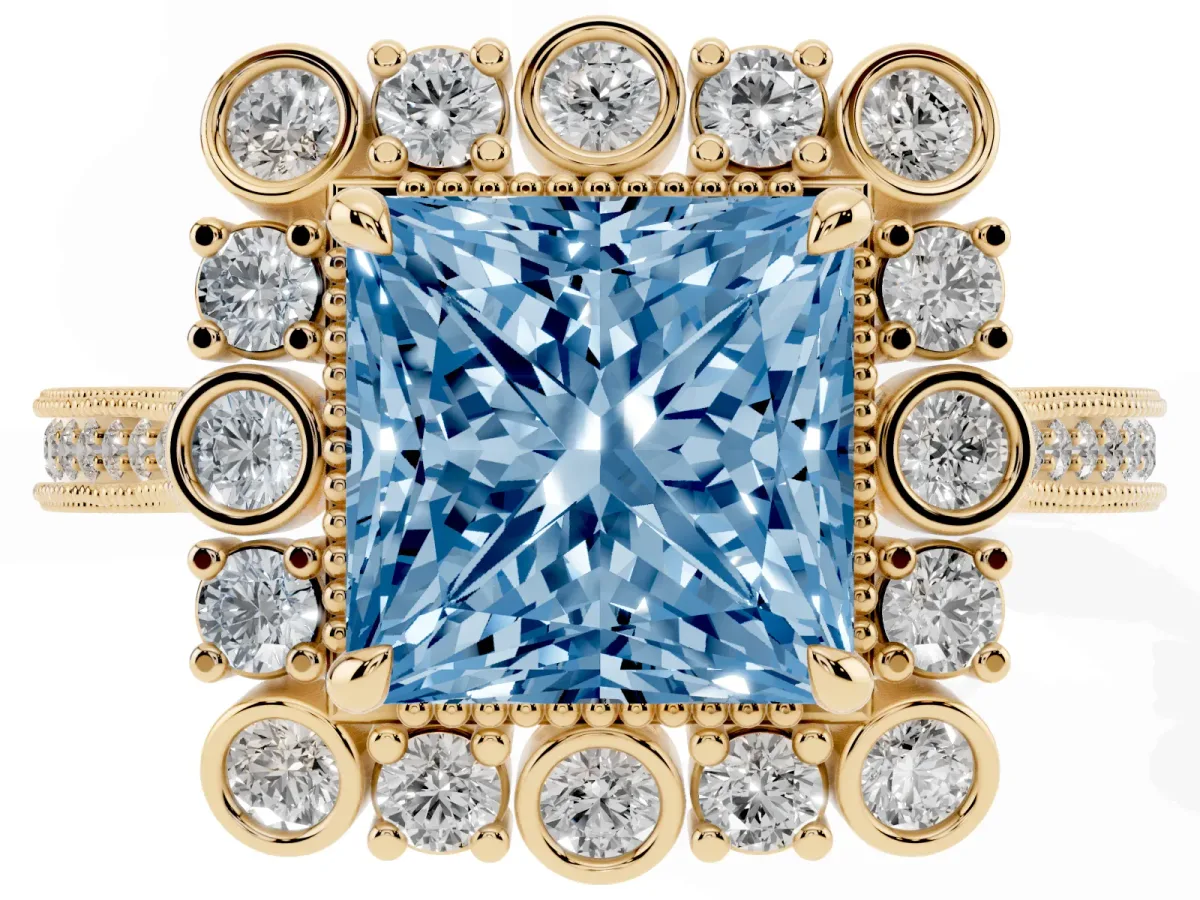 Fancy Blue Princess Cut Halo Milgrain Pave Diamond Ring with Four-Prong Setting Yellow gold