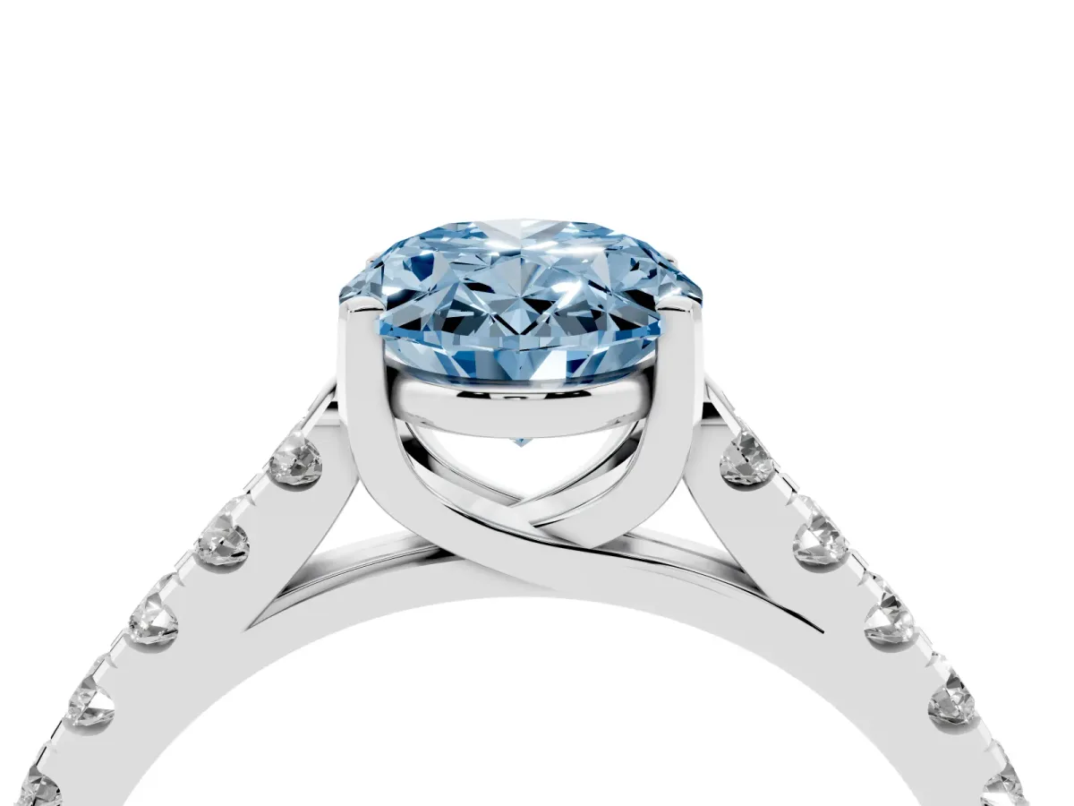 Fancy Blue Oval Cut Diamond Pavé Band Solitaire Ring with Prong Setting Platinum