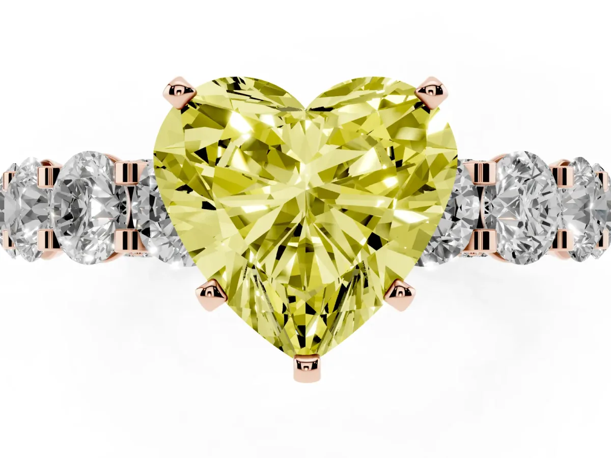 Fancy Yellow Heart Cut Diamond Side Stone Engagement Ring with Four-Prong Setting Rose gold