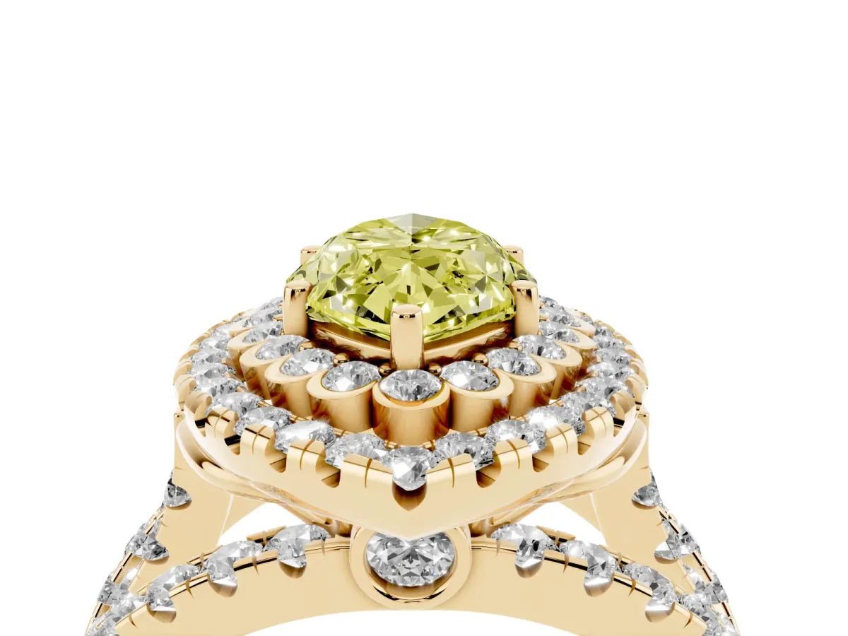 Fancy Yellow Marquise Cut Diamond Double Halo Ring with Round Pavé Split Shank and Prong Setting Yellow gold