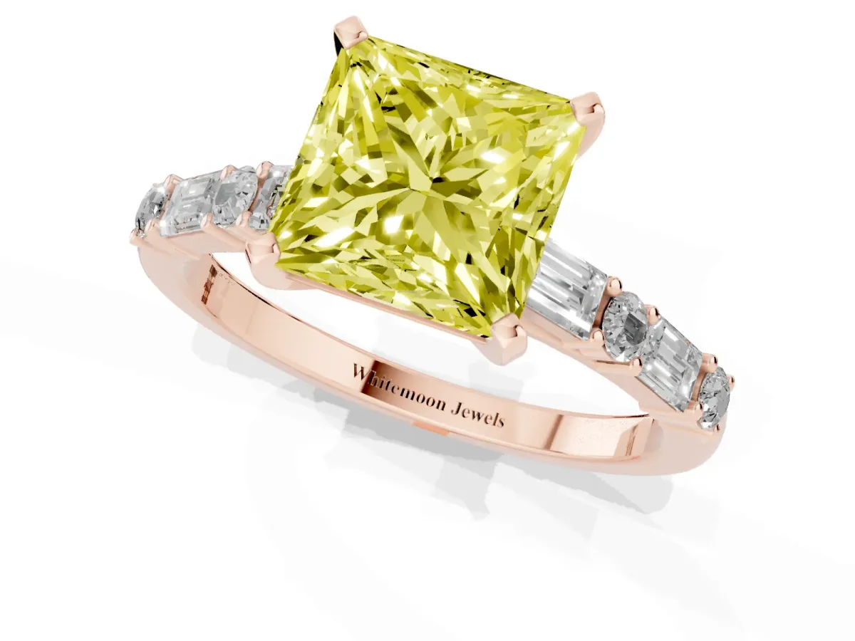 Fancy Yellow Princess Cut Diamond Solitaire with Side Baguettes and Channel Set Band Rose gold