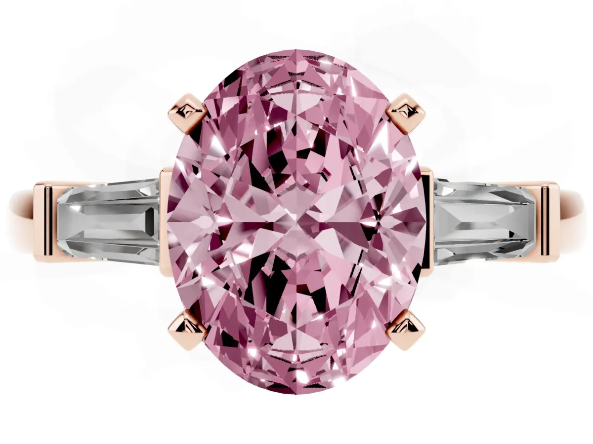 Fancy Pink Oval Cut Cut Diamond Solitaire Ring with Tapered Baguette Accents and Four-Prong Setting Rose gold