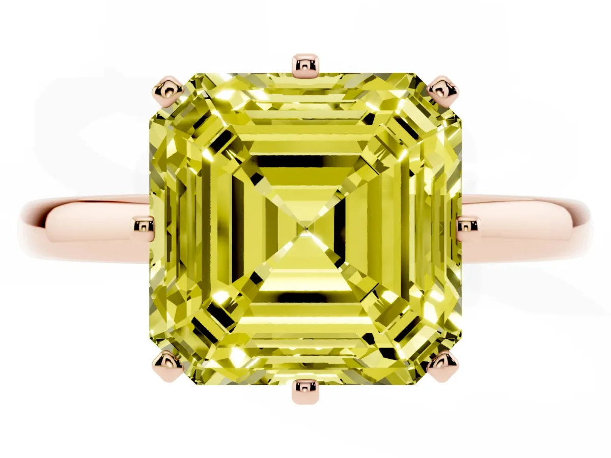 Fancy Yellow Asscher Cut Solitaire Diamond Ring with Six-Prong Setting on a Classic Band Rose gold