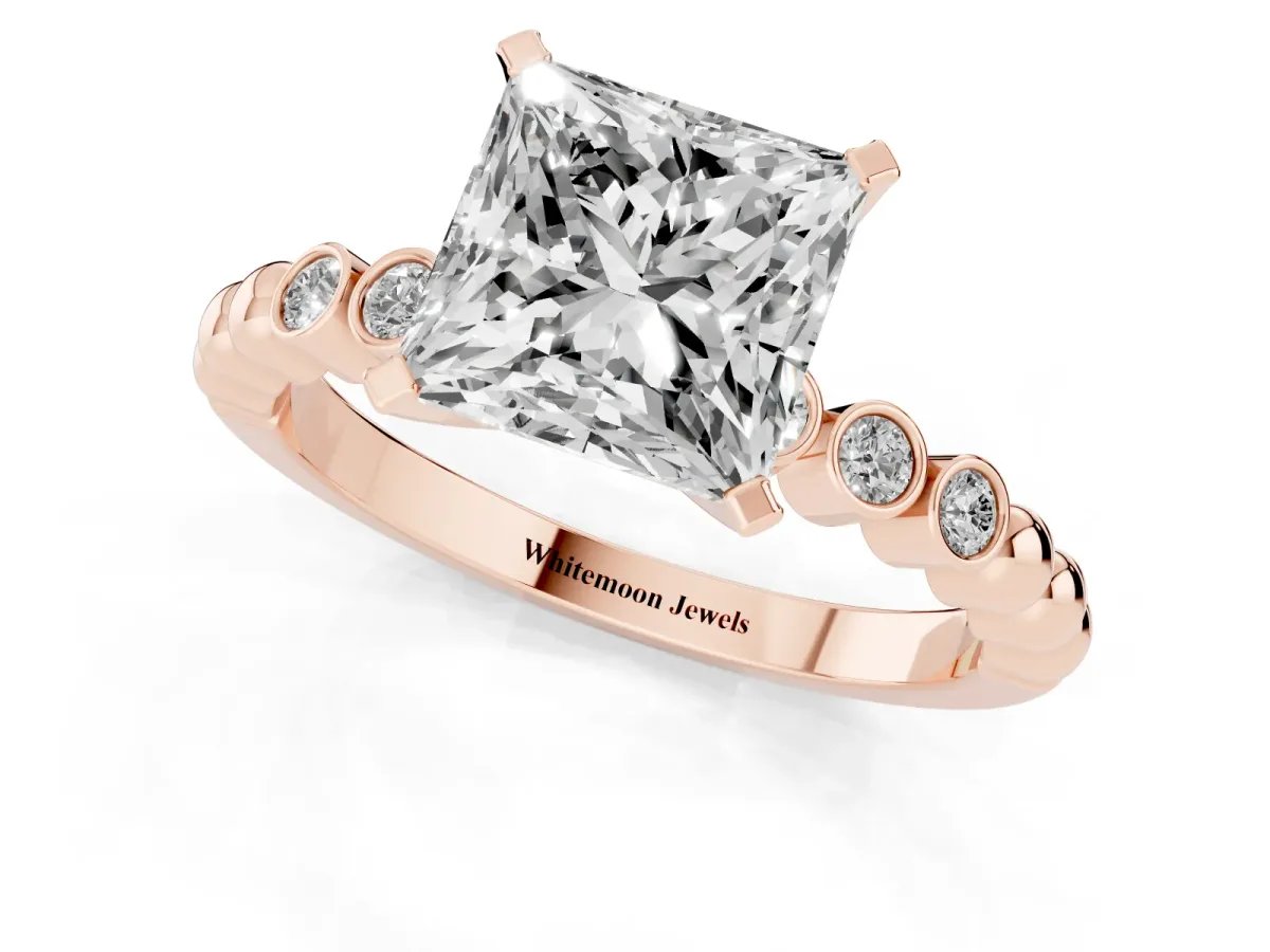 Princess Cut Solitaire Bezel Accent Diamond Engagement Ring with Beaded Band and Four-Prong Setting Rose gold