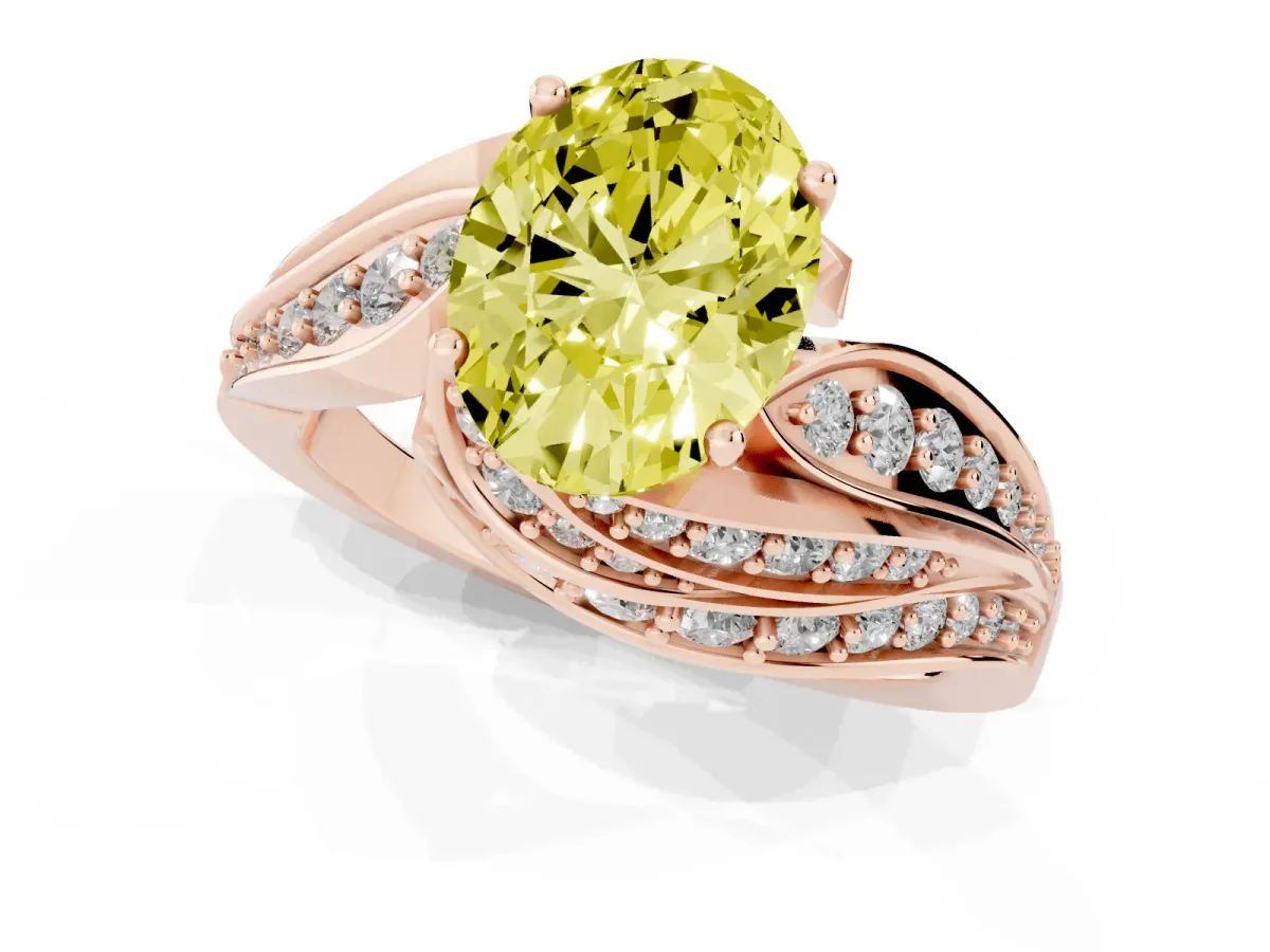 Fancy Yellow Oval Cut Diamond Solitaire Ring with Prong Setting and Twisted Pavé Band Rose gold