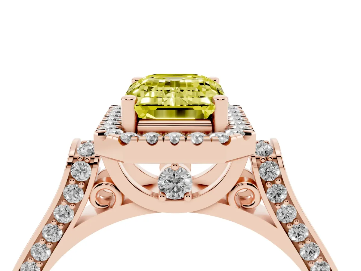 Fancy Yellow Emerald Cut Halo Pave Split Shank Prong Setting Ring Rose gold