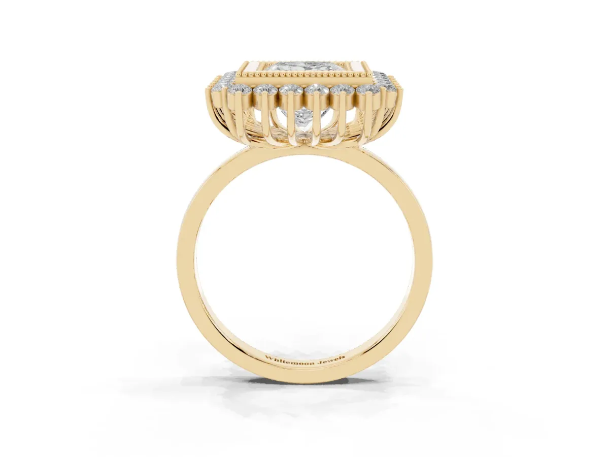 Princess Cut Halo Diamond Ring with Milgrain Edge and Round Prong Setting Yellow gold