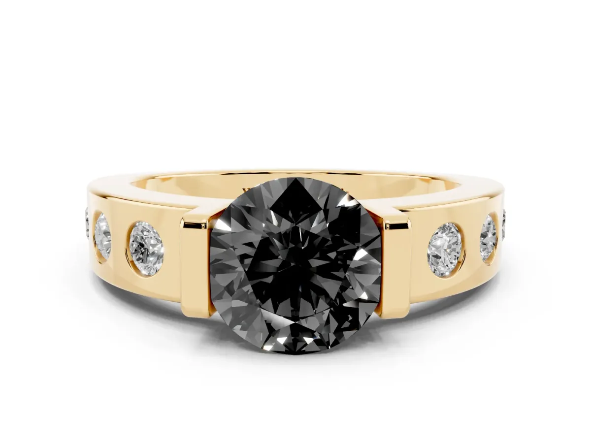 Fancy Black Round Cut Brilliant Channel-Set Diamond Ring with Bezel Prong Setting Yellow gold