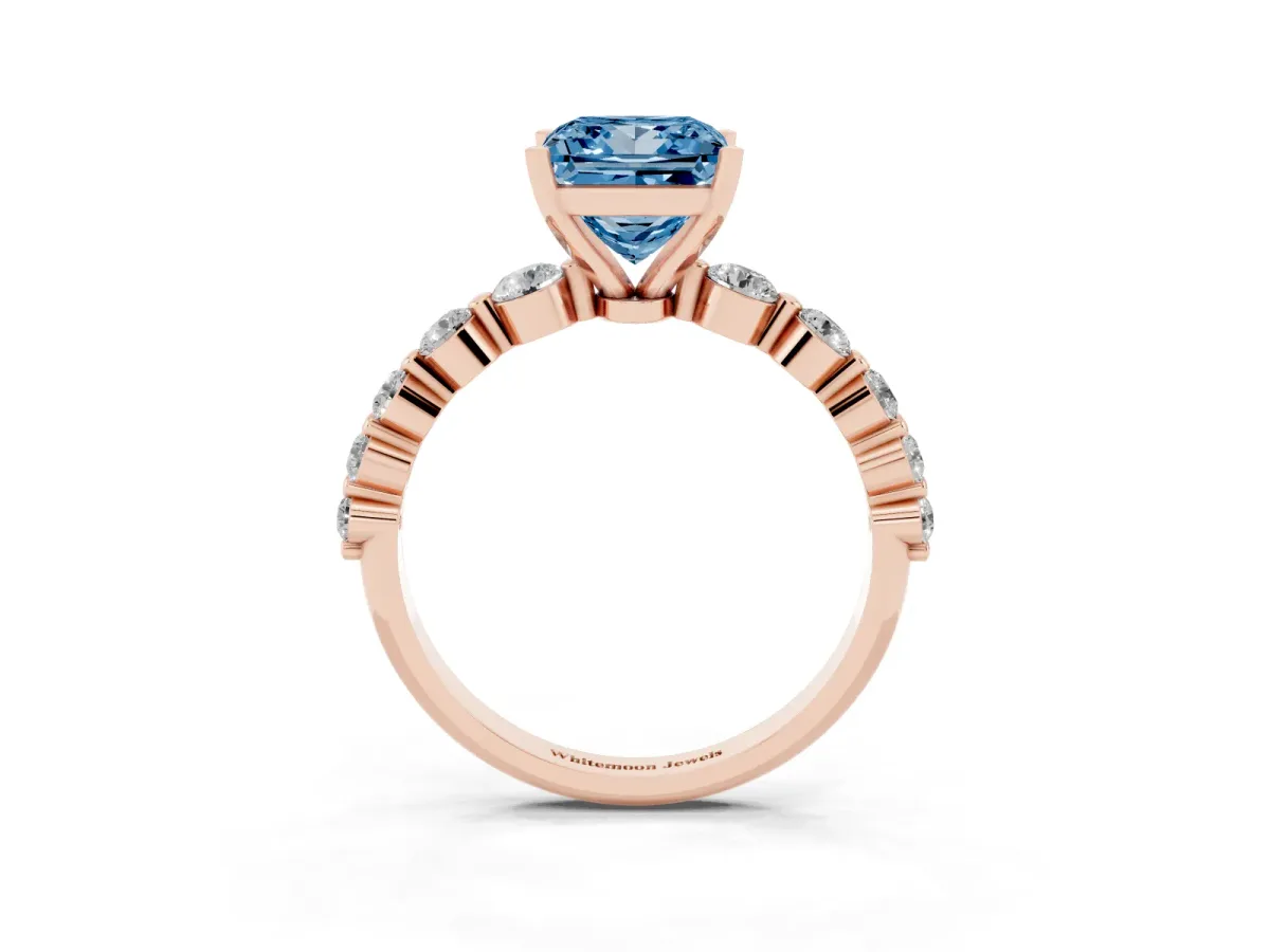 Fancy Blue Princess Cut Solitaire Diamond Ring with Pave Band and Four-Prong Setting Rose gold