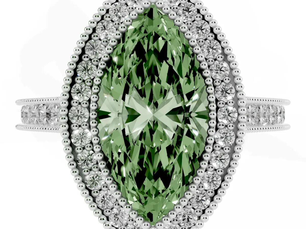 Fancy Green Halo Marquise Cut-Cut Diamond Pave Band Milgrain Prong Setting Ring White gold