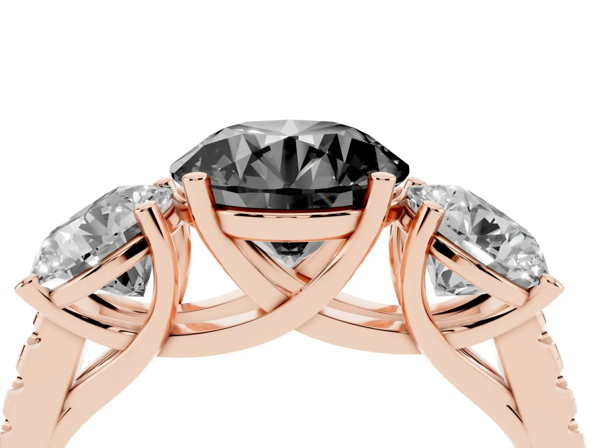 Fancy Black Three-Stone Round Cut Diamond Ring with Round Pavé Band and Prong Setting Rose gold