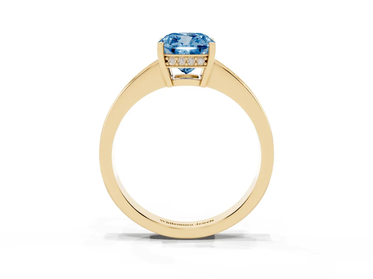 Fancy Blue Cushion Cut Solitaire Pavé Band Prong Setting Ring Yellow gold