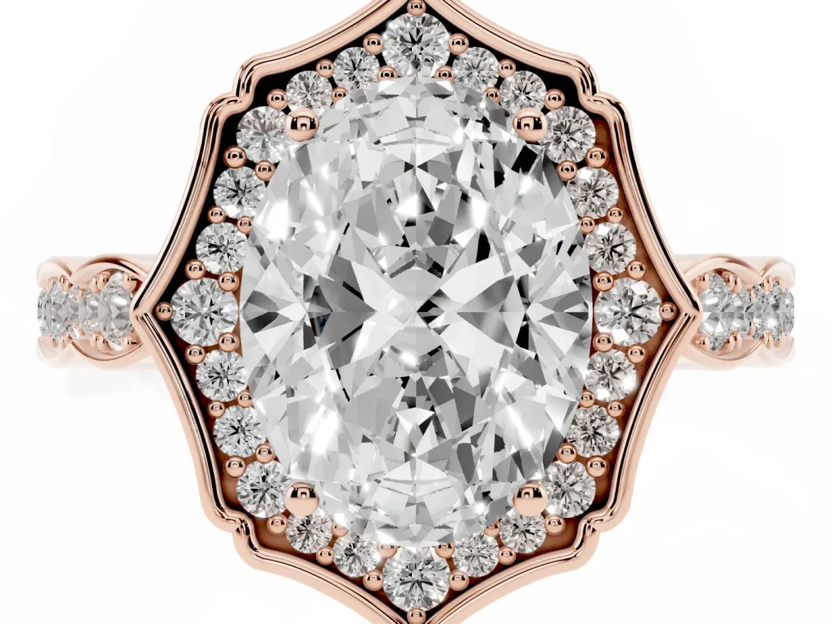 Oval Cut Halo Diamond Engagement Ring with Milgrain Band and Four-Prong Setting Rose gold