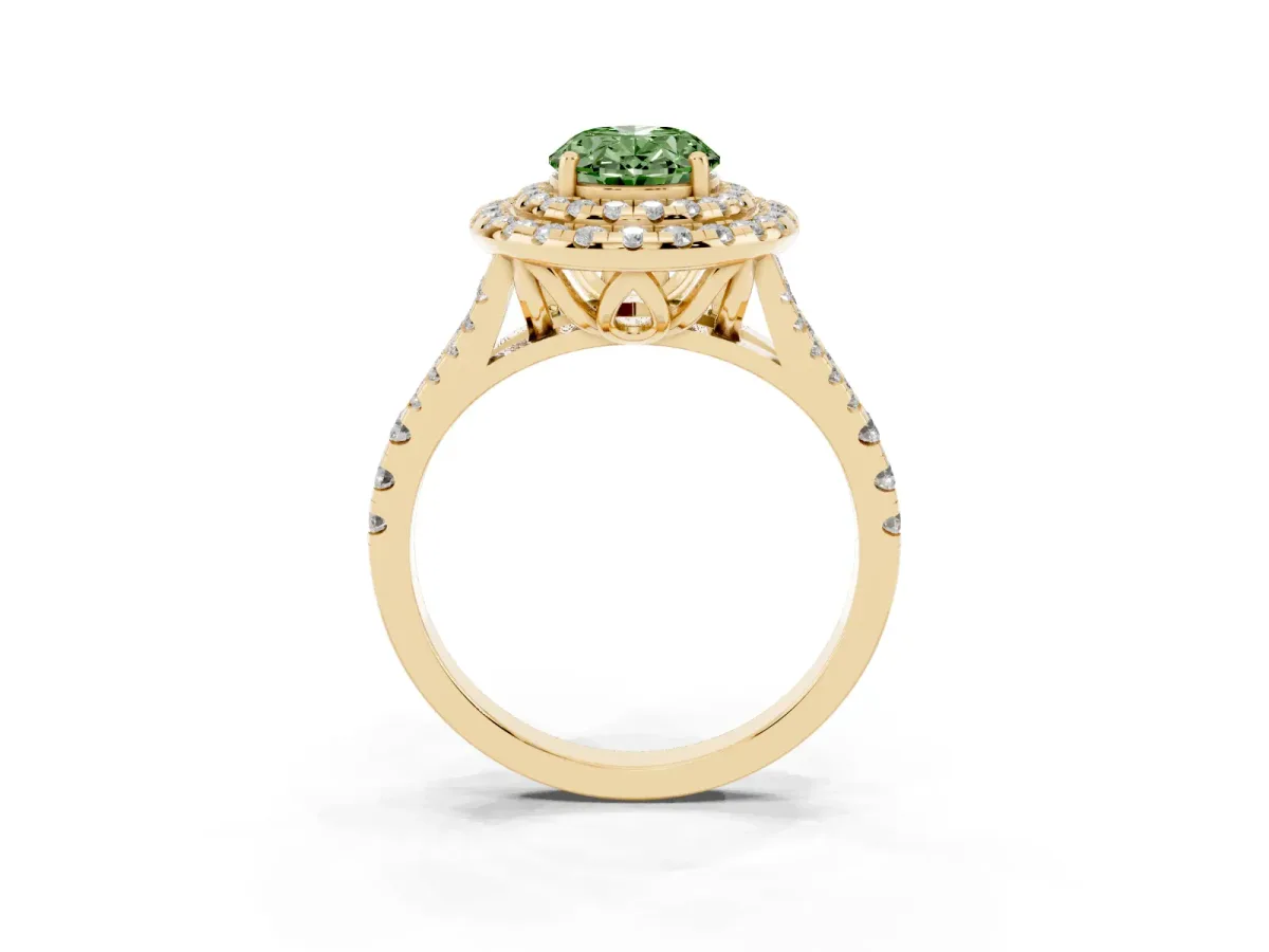 Fancy Green Double Halo Oval Cut Diamond Pavé Split Shank Ring with Prong Setting Yellow gold