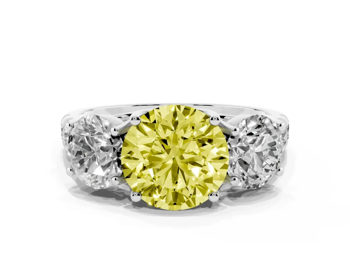 Fancy Yellow Three-Stone Round Cut Diamond Pavé Band with Prong Setting Silver
