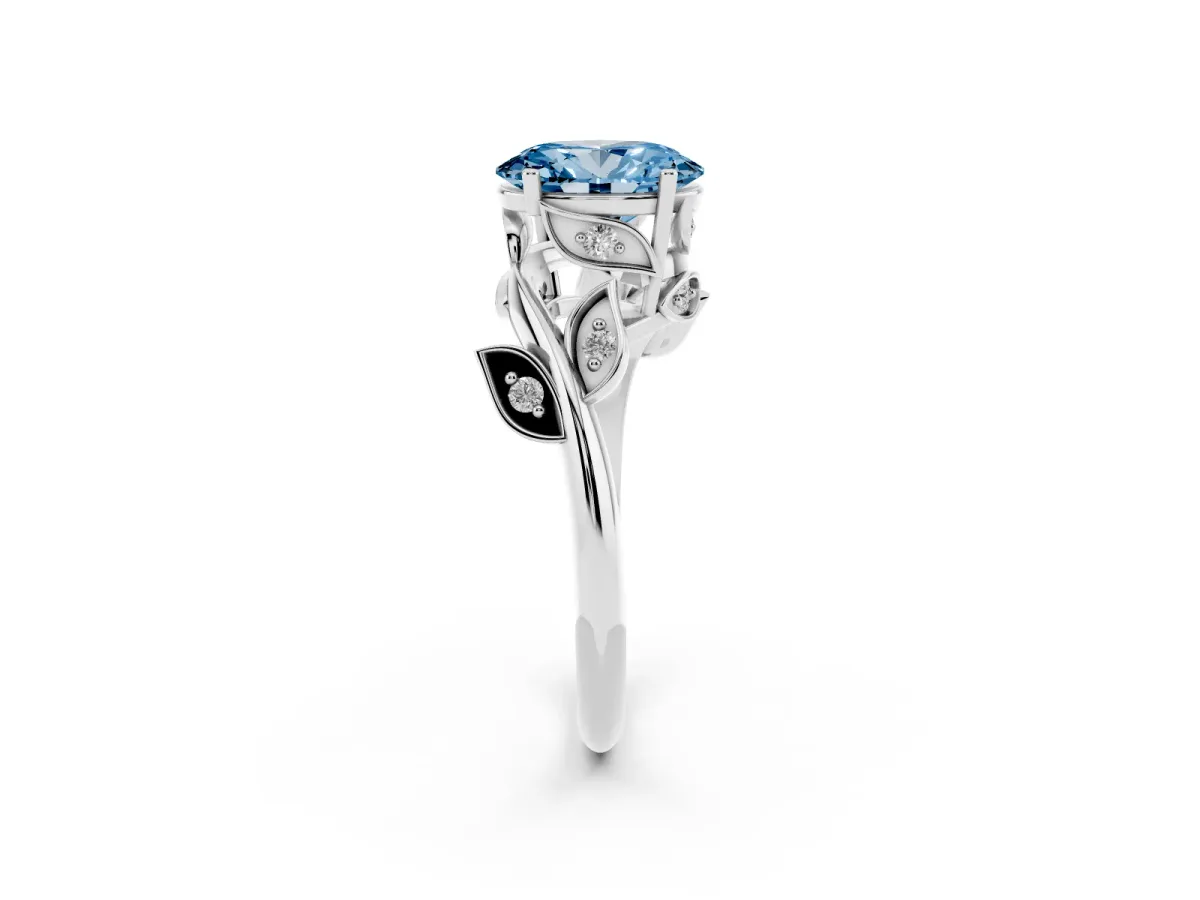 Fancy Blue Oval Cut Solitaire Twist Engagement Ring with Leaf Accents and Prong Setting Silver