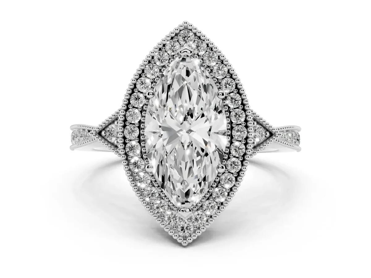 Marquise Cut Halo Round Diamond Milgrain Pave Engagement Ring Silver