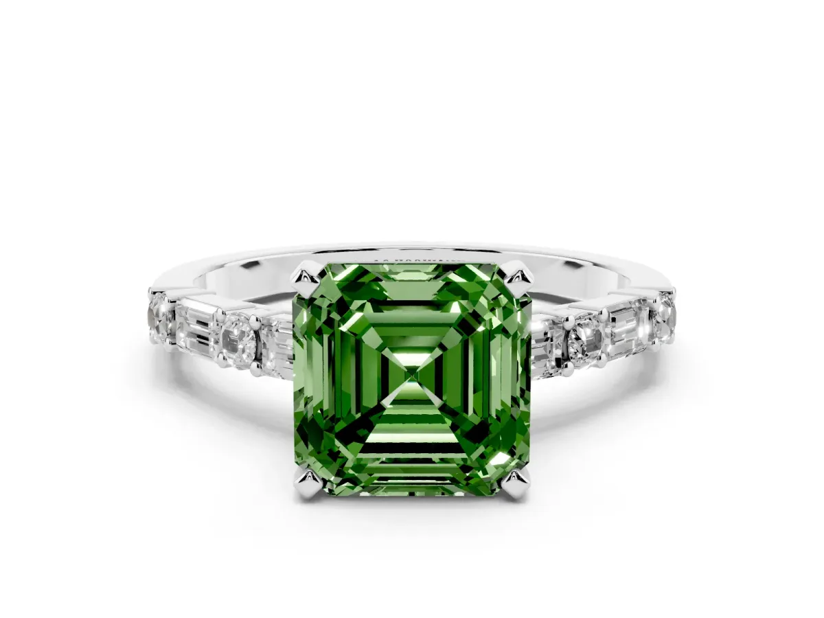 Fancy Green Asscher Cut Diamond Solitaire with Side Baguettes and Channel Set Band Silver