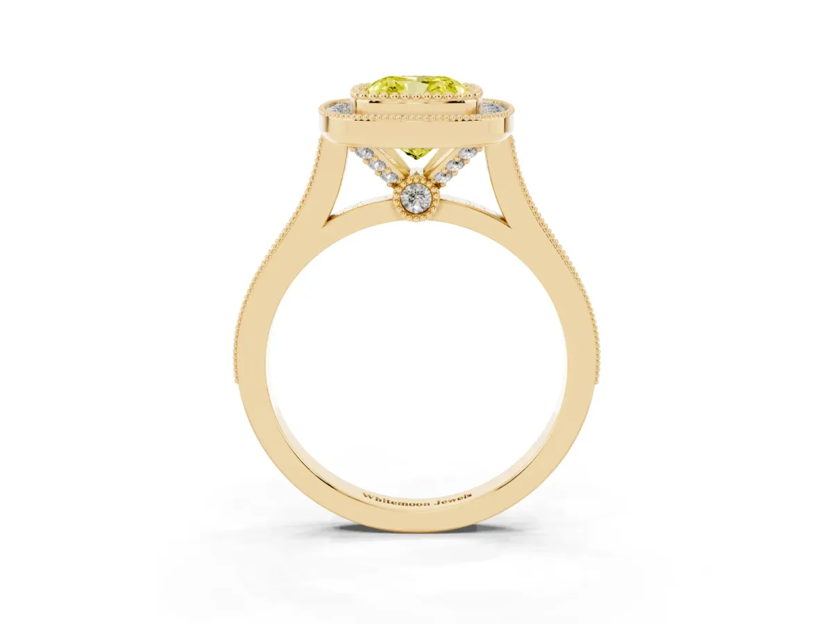 Fancy Yellow Cushion Cut Diamond Halo Ring with Milgrain Frame and Pavé Band Yellow gold