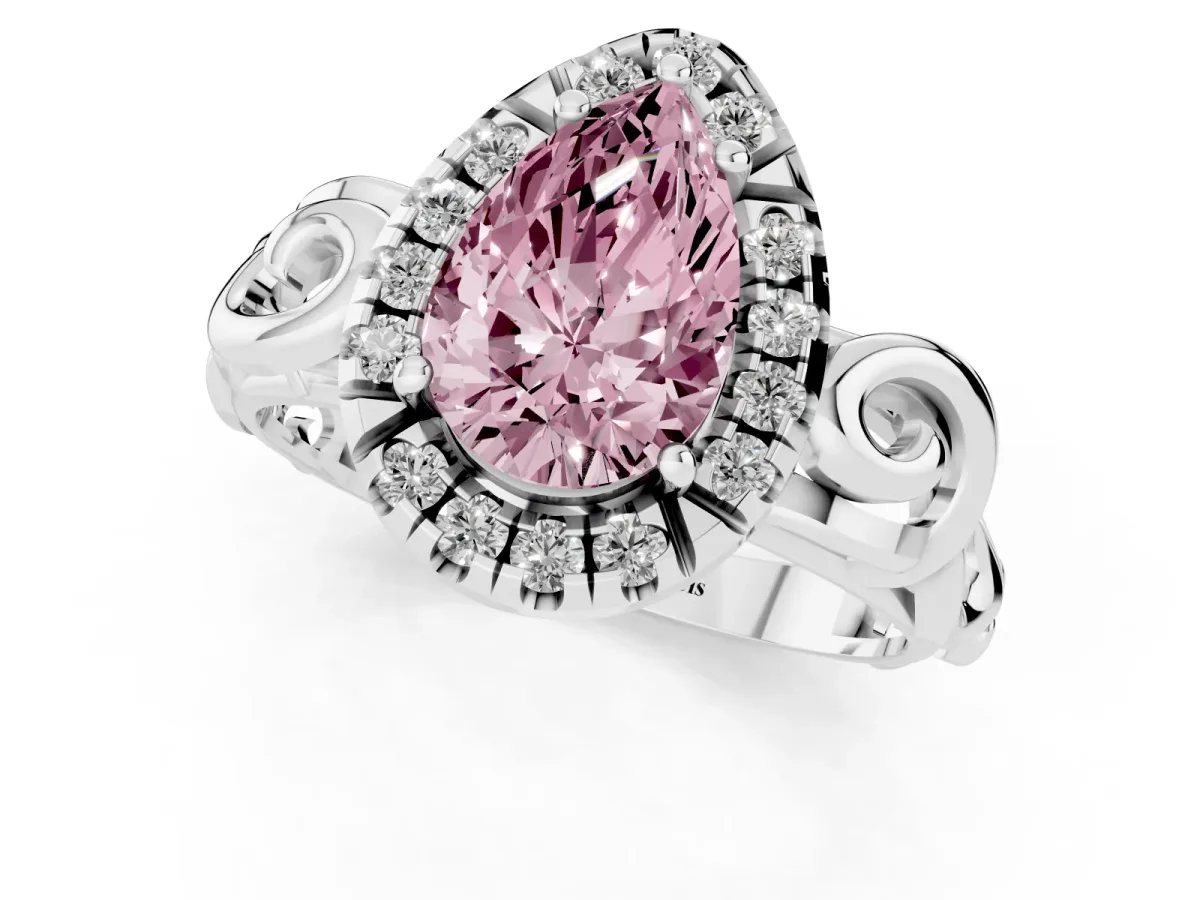 Fancy Pink Pear Cut Cut Halo Diamond Ring with Scrollwork Band and Four-Prong Setting Silver