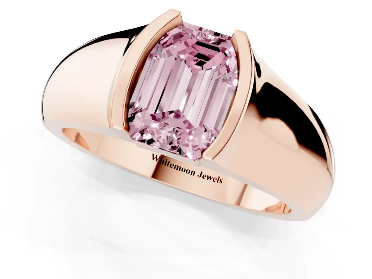 Fancy Pink Emerald Cut Solitaire Bezel Set Diamond Ring with Wide Band Rose gold