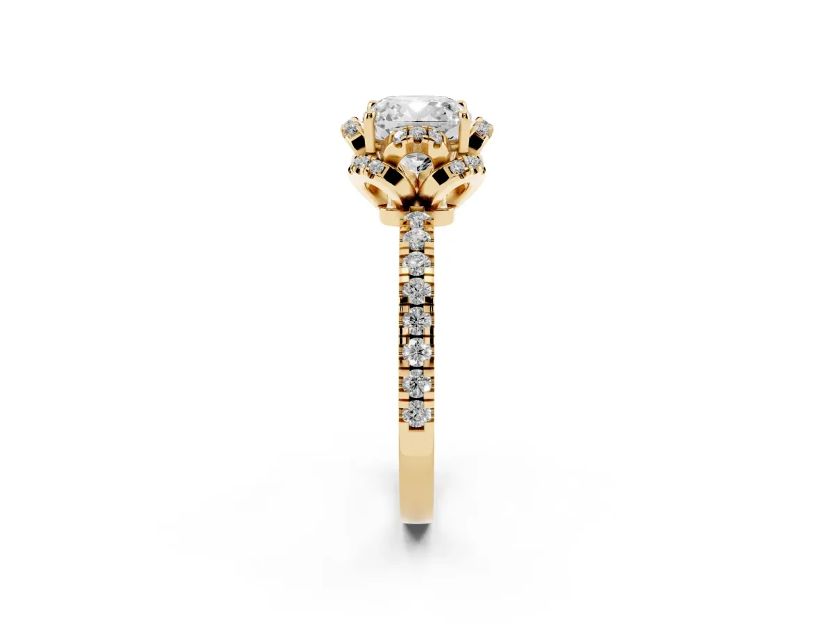 Cushion Cut Halo Diamond Pave Band Ring with Four-Prong Setting Yellow gold