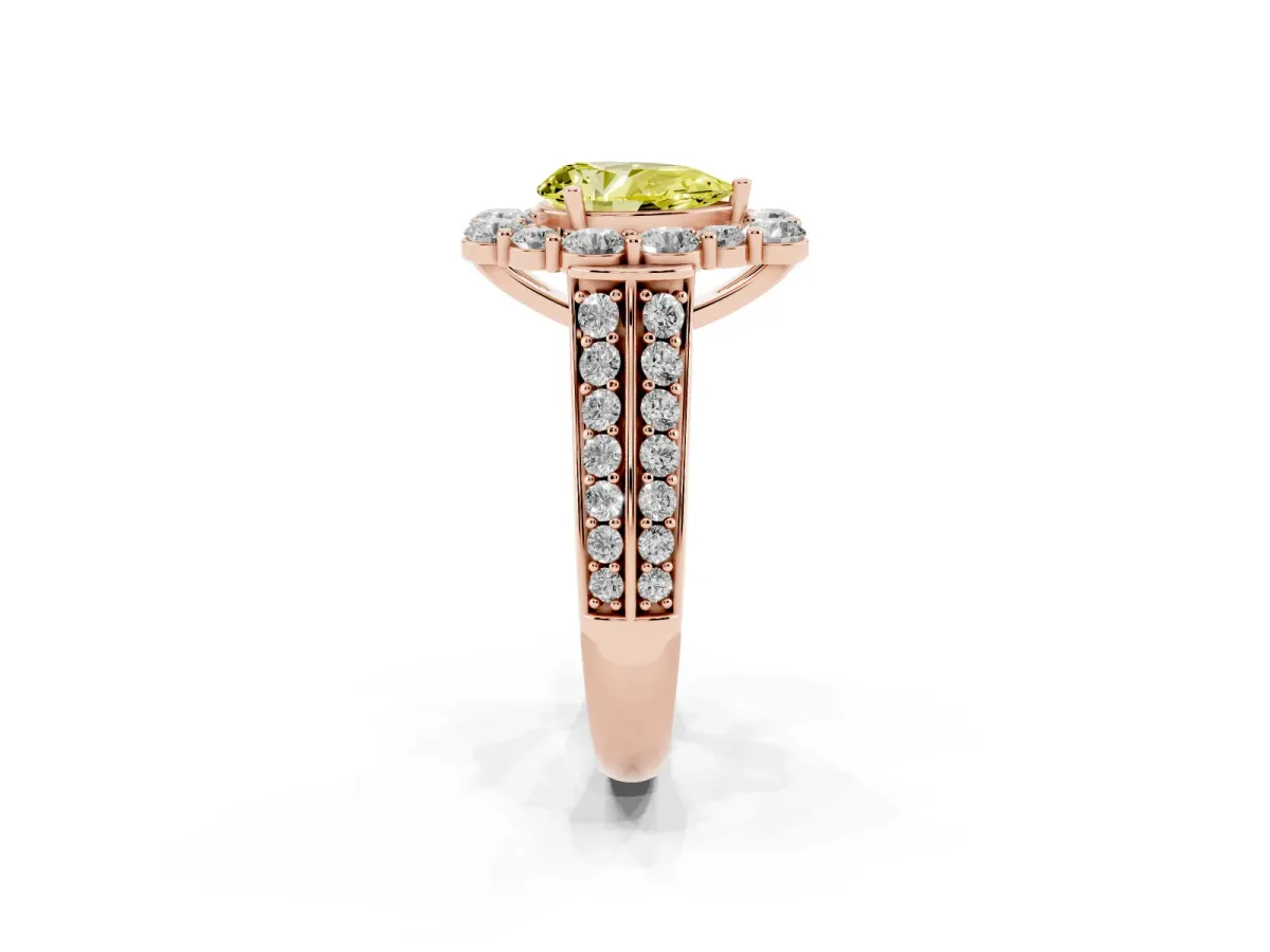Fancy Yellow Pear Cut Halo Diamond Engagement Ring with Split Shank and Prong Setting Rose gold