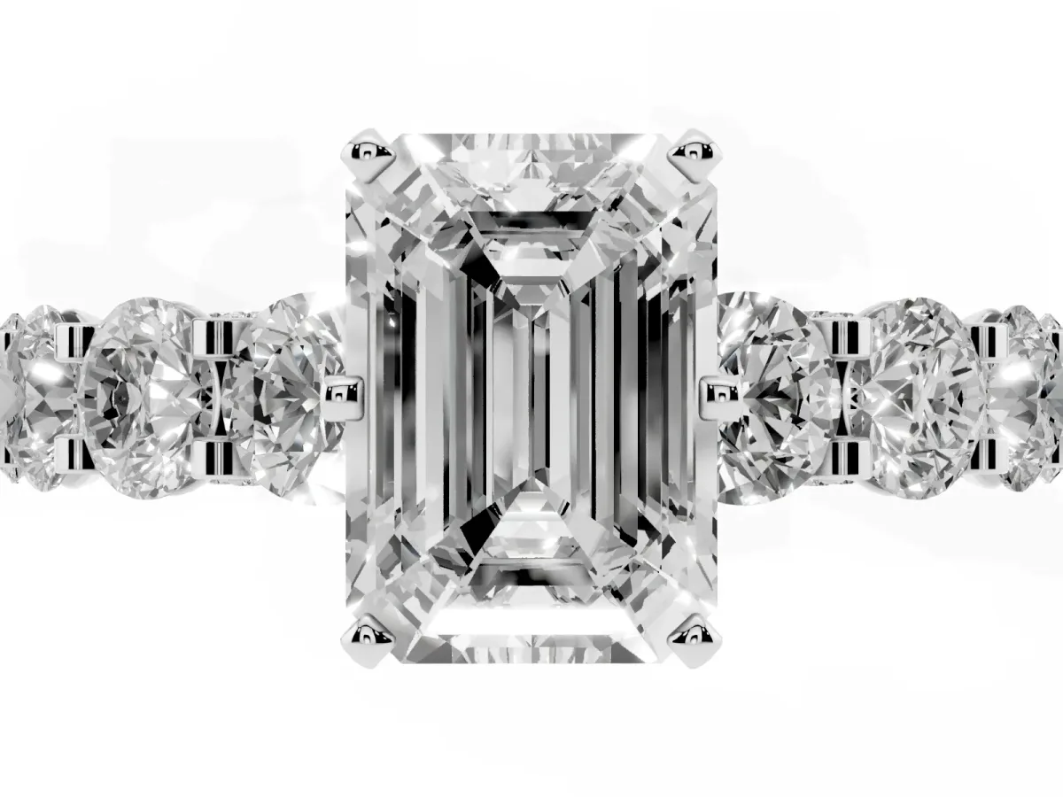 Emerald Cut Diamond Side Stone Engagement Ring with Four-Prong Setting Silver