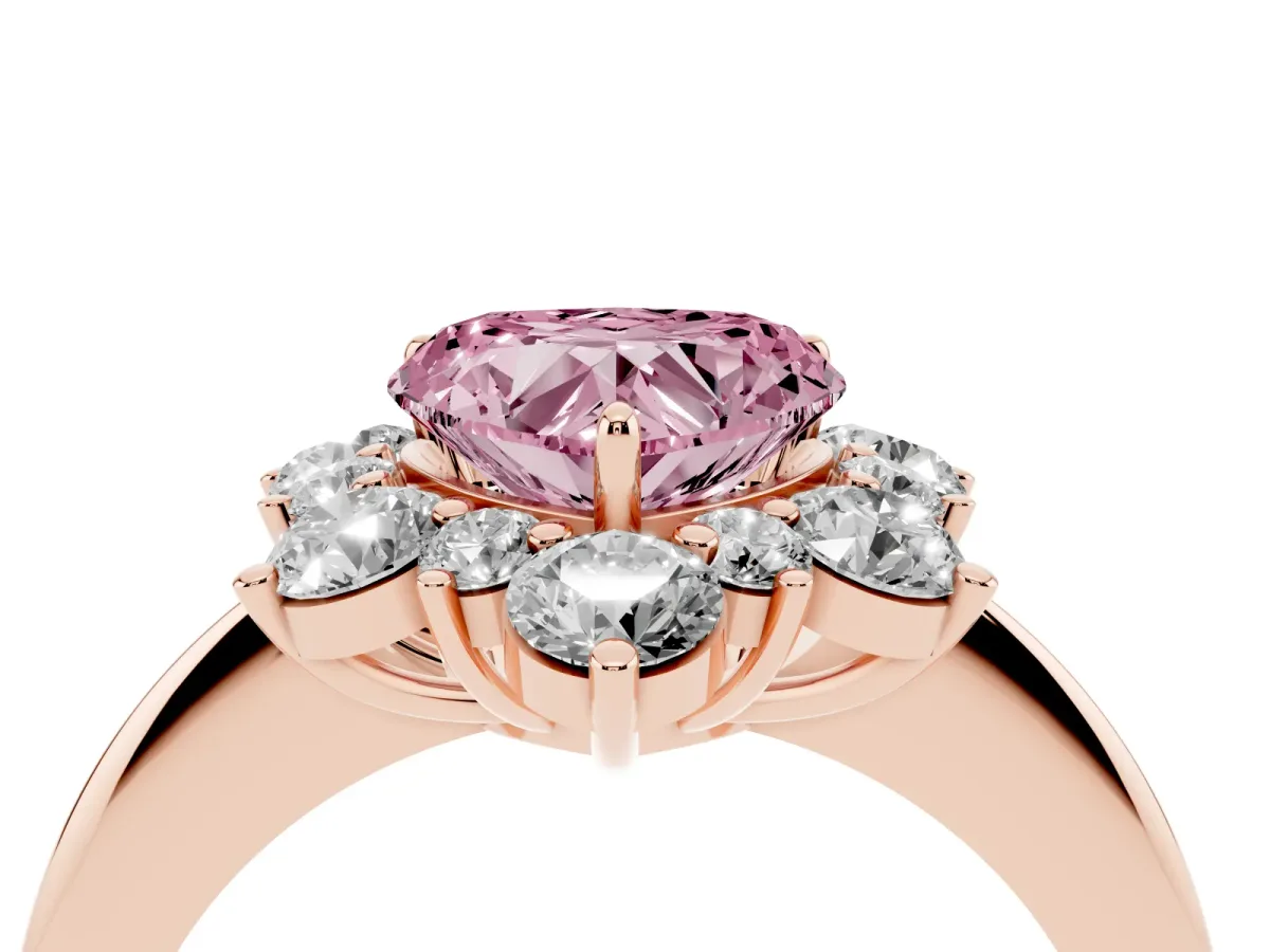 Fancy Pink Heart Cut Diamond Cluster Halo Ring with Solitaire Band and Four-Prong Setting Rose gold