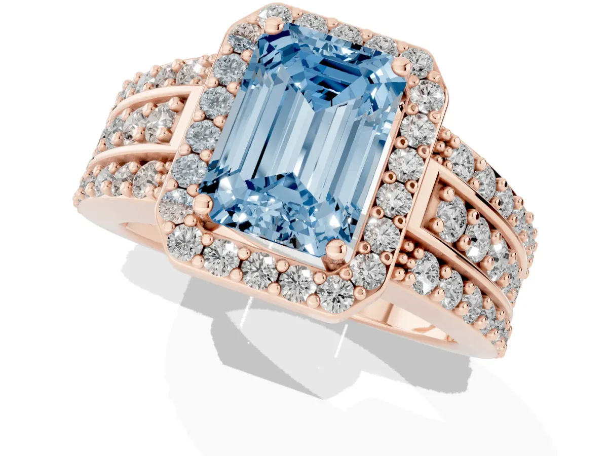 Fancy Blue Emerald Cut Halo Diamond Ring with Round Split Shank and Prong Setting Rose gold