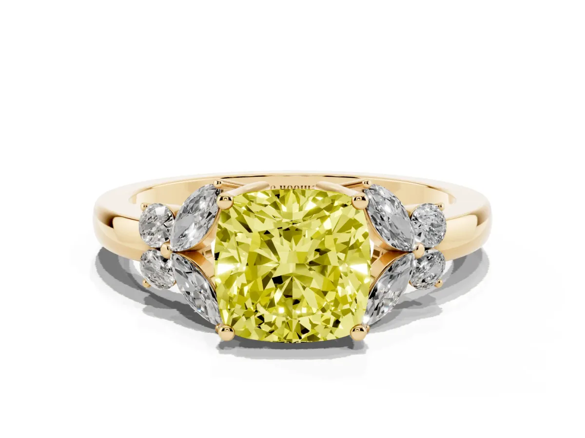 Fancy Yellow Cushion Cut Cut Solitaire Floral Diamond Ring with Four-Prong Setting Yellow gold