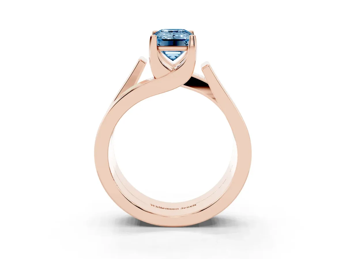 Fancy Blue Modern Tension Set Emerald Cut Diamond Solitaire Wide Band Ring Rose gold