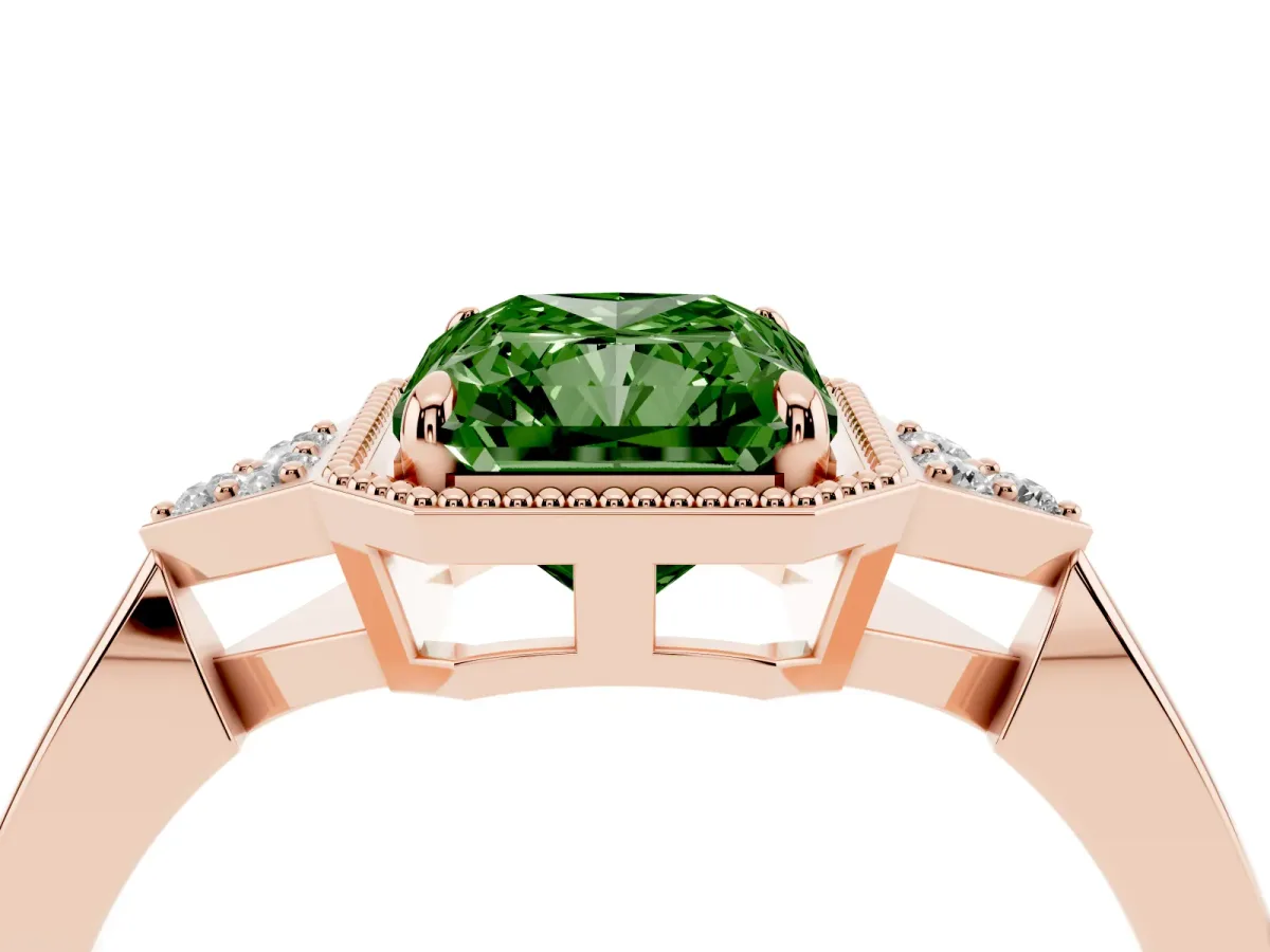 Fancy Green Hexagonal Halo Radiant Cut Diamond Solitaire with Pavé Band and Four-Prong Setting Rose gold