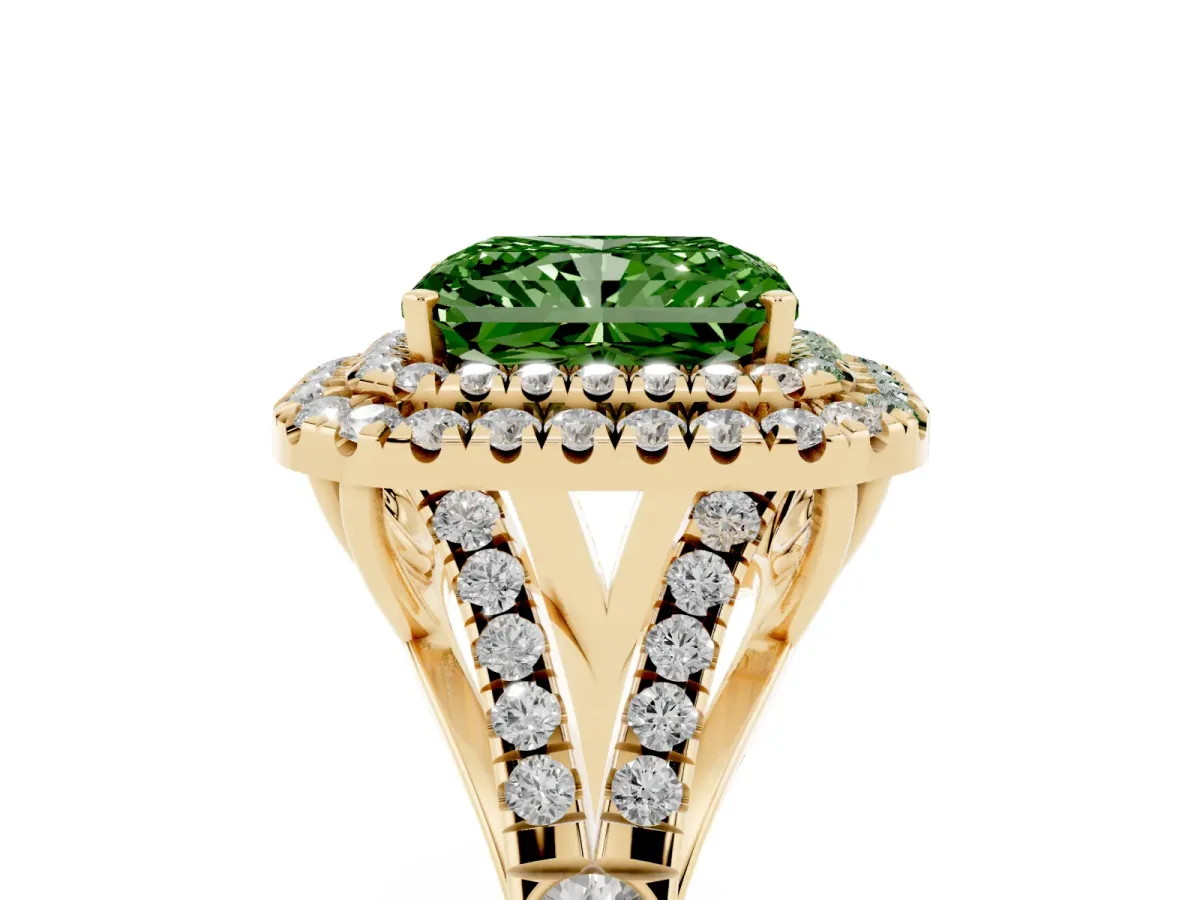 Fancy Green Radiant Cut Diamond Pavé Split Shank Double Halo Engagement Ring Yellow gold