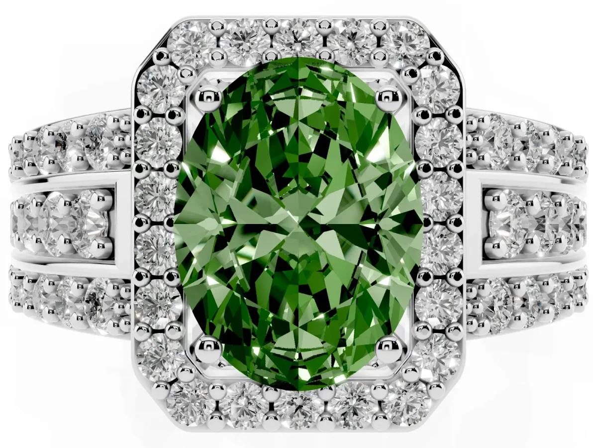 Fancy Green Oval Cut Halo Diamond Ring with Round Split Shank and Prong Setting Silver
