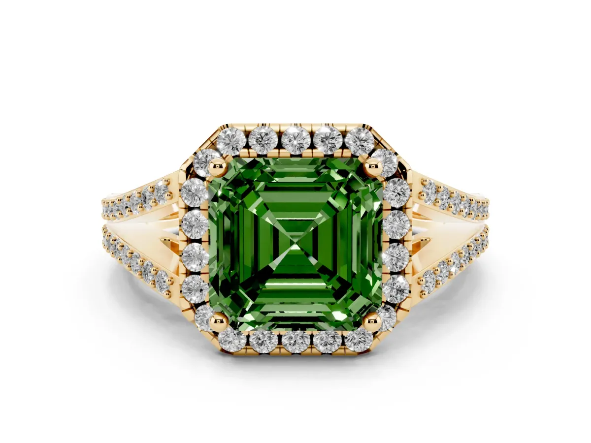 Fancy Green Asscher Cut Halo Split Shank Diamond Ring with Prong Setting Yellow gold