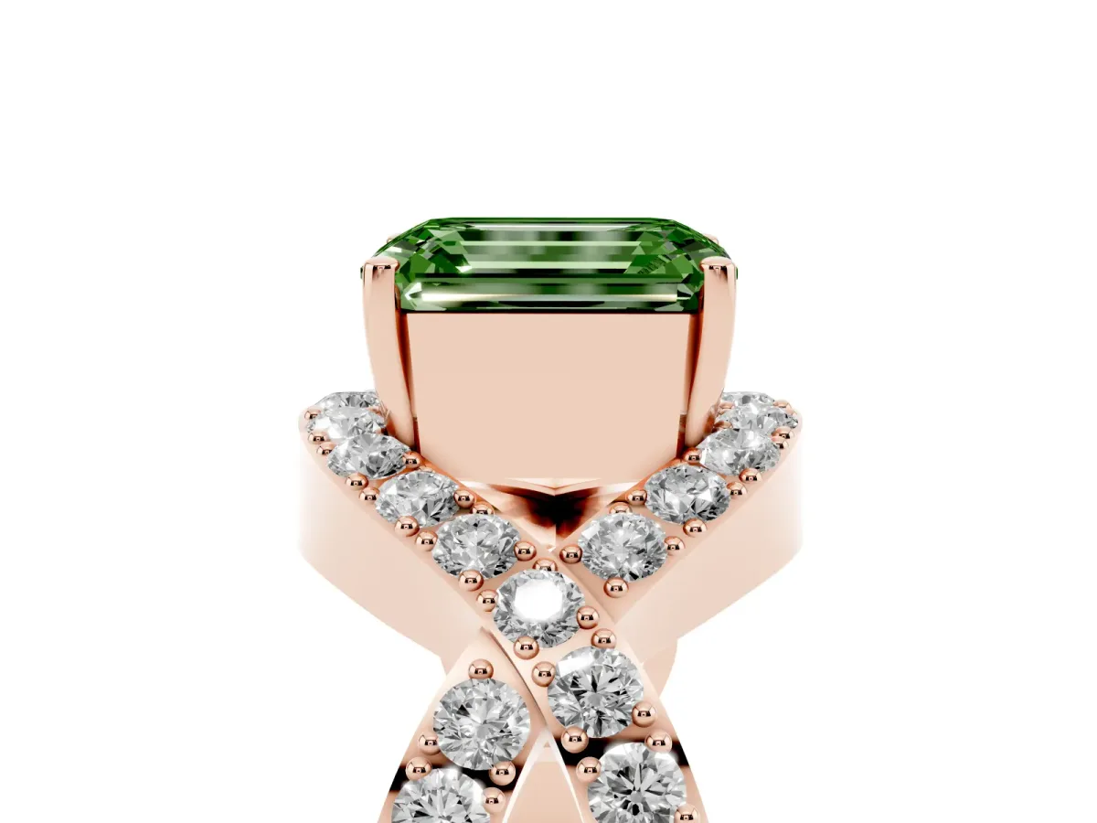 Fancy Green Emerald Cut Solitaire Twist Band Pavé Diamond Engagement Ring Rose gold