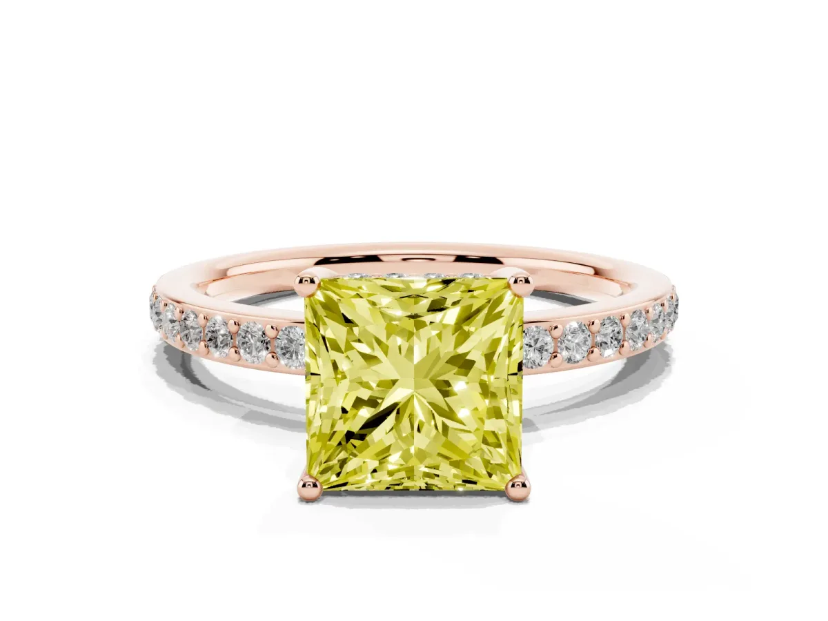 Fancy Yellow Princess Cut Cut Diamond Pavé Band Ring with Four-Prong Setting Rose gold