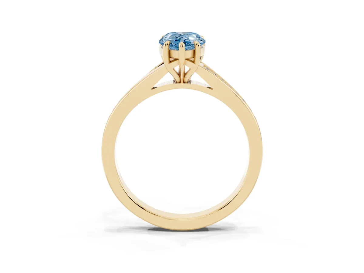 Fancy Blue Pear Cut Diamond Solitaire Ring with Pavé Band and Prong Setting Yellow gold