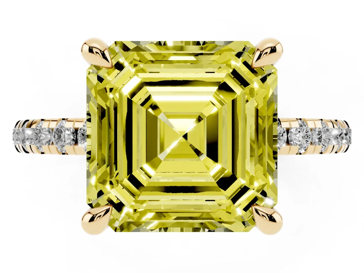 Fancy Yellow Asscher Cut Diamond Brilliant Solitaire Ring with Pavé Band and Four-Prong Setting Yellow gold