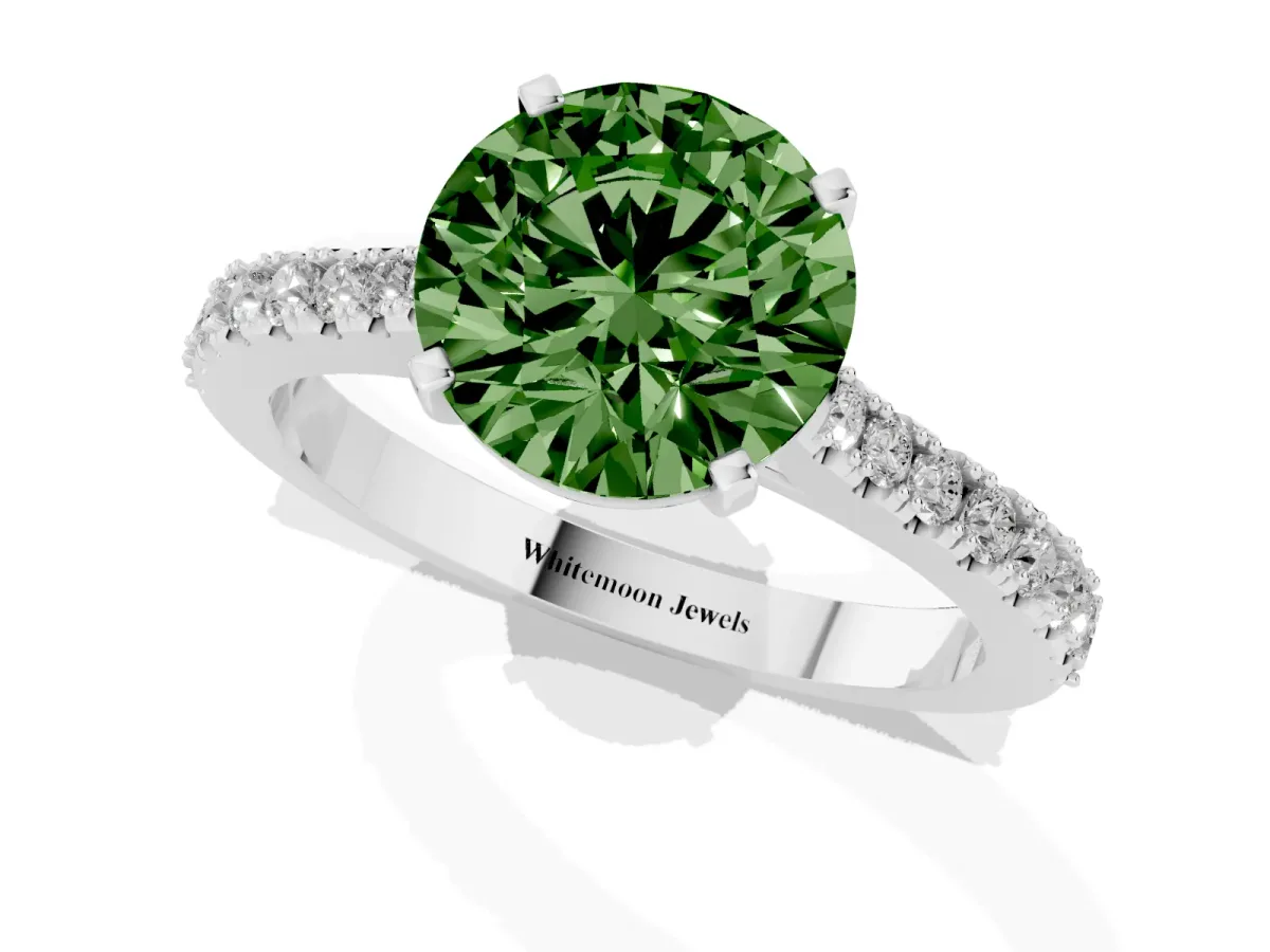 Fancy Green Round Cut Cut Solitaire Diamond Engagement Ring with Pave Band and Four-Prong Setting Silver