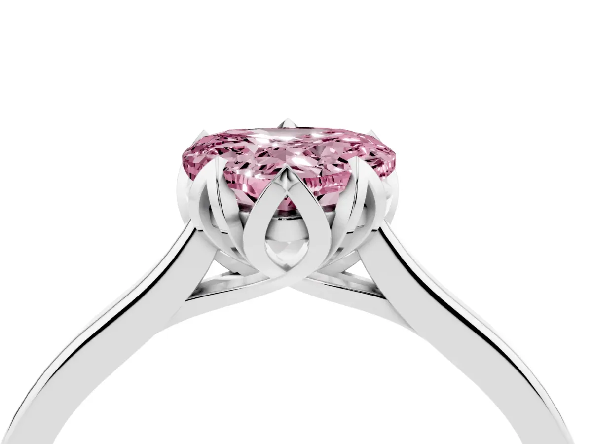 Fancy Pink Heart Cut Diamond Solitaire Ring with Flower Prong Setting and Classic Band Silver