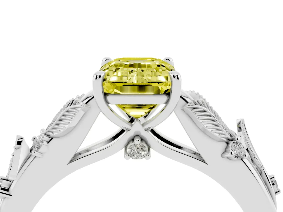 Fancy Yellow Emerald Cut Diamond Solitaire Ring with Leaf Motif Band and Four-Prong Setting Silver
