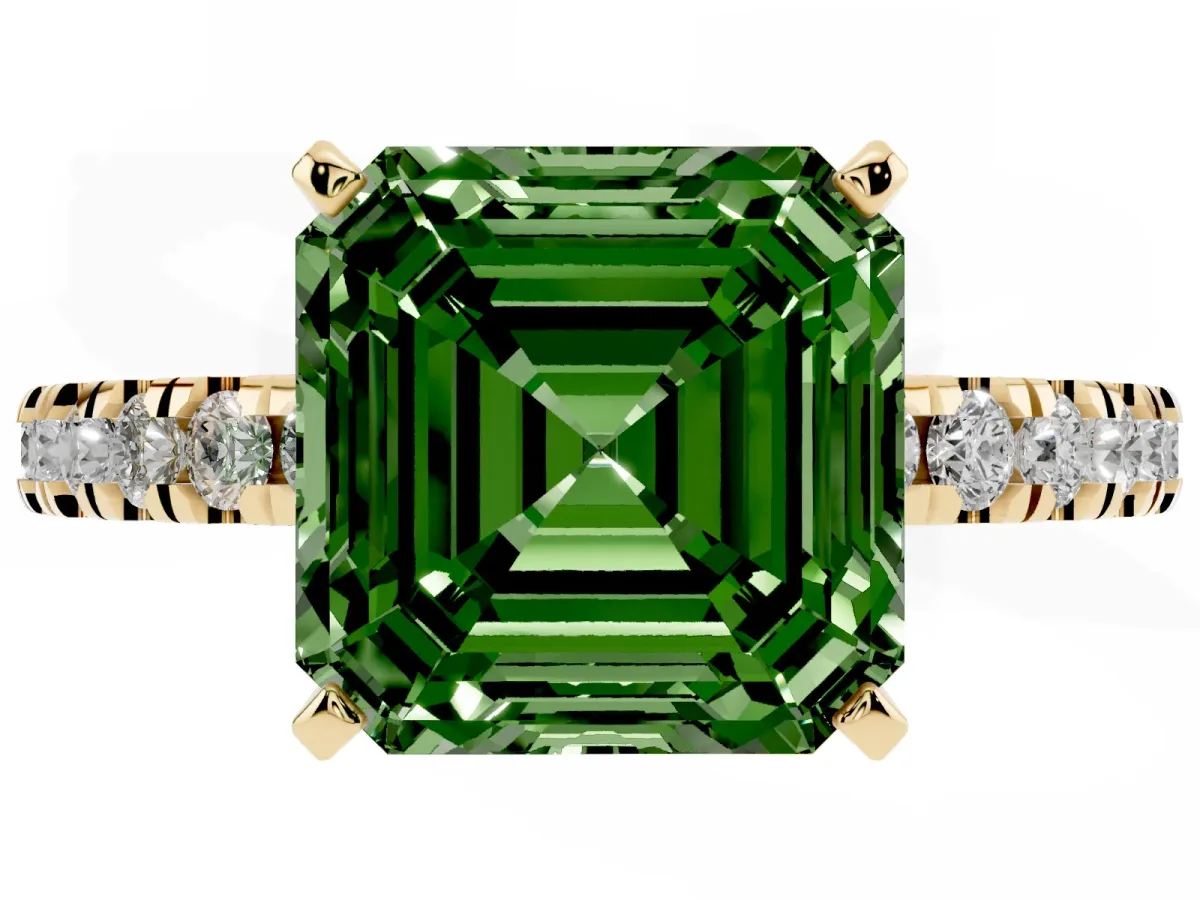 Fancy Green Asscher Cut Solitaire Diamond with Pavé Band and Four-Prong Setting Yellow gold