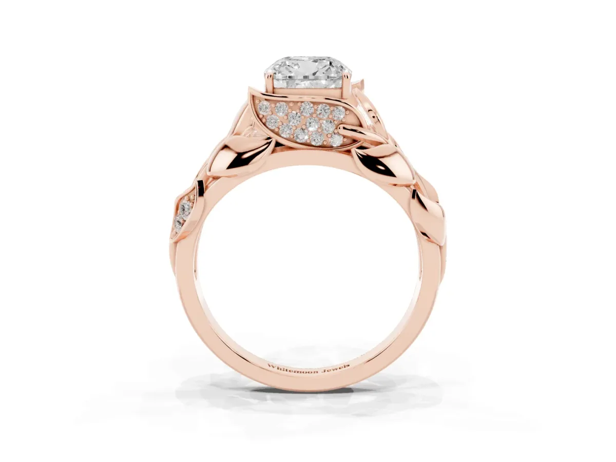 Cushion Cut Diamond Leaf-Inspired Engagement Ring with Round Accents and Prong Setting Rose gold