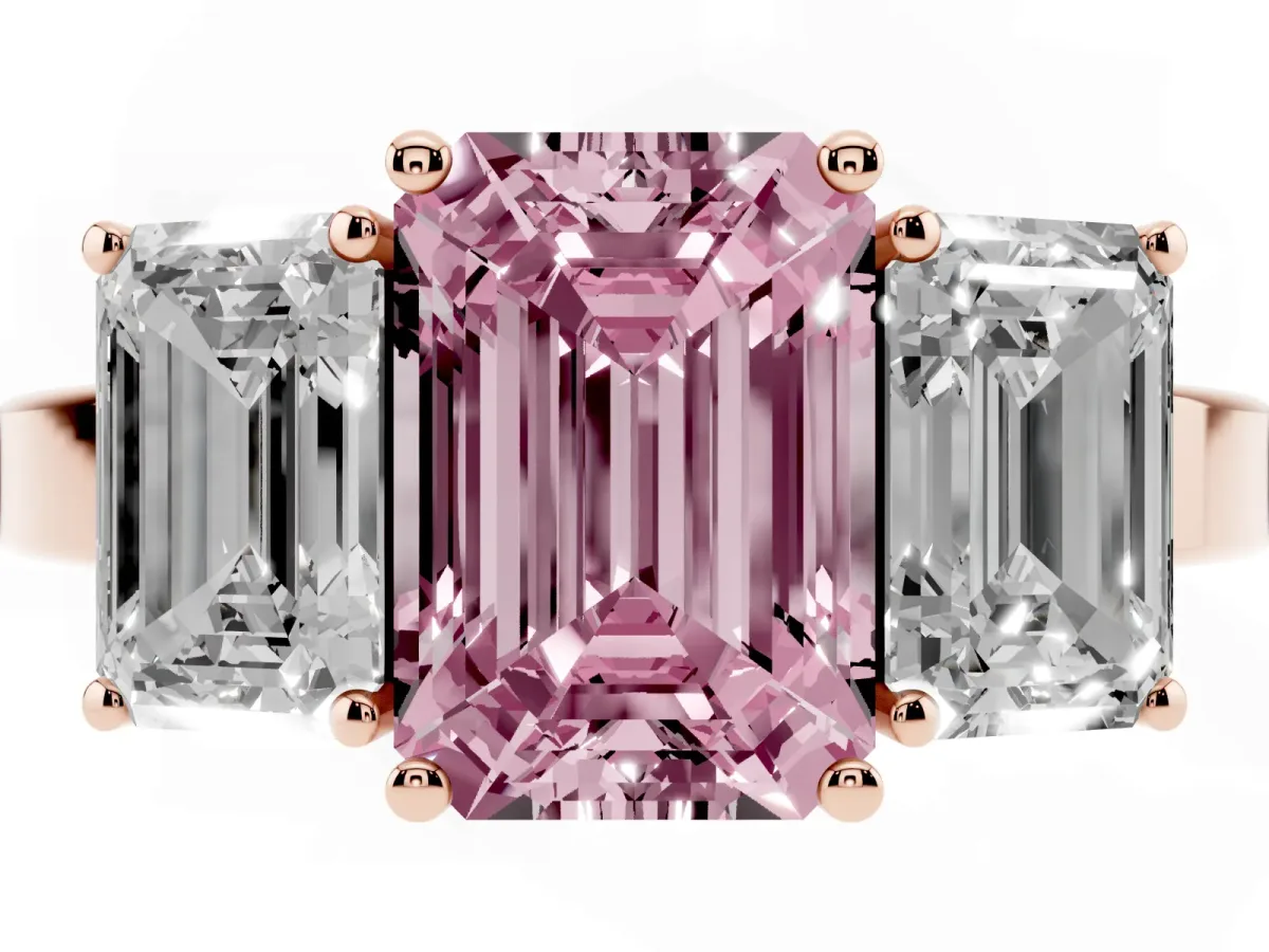 Fancy Pink Three-Stone Emerald Cut Cut Diamond Engagement Ring with Flat Band and Four-Prong Setting Rose gold